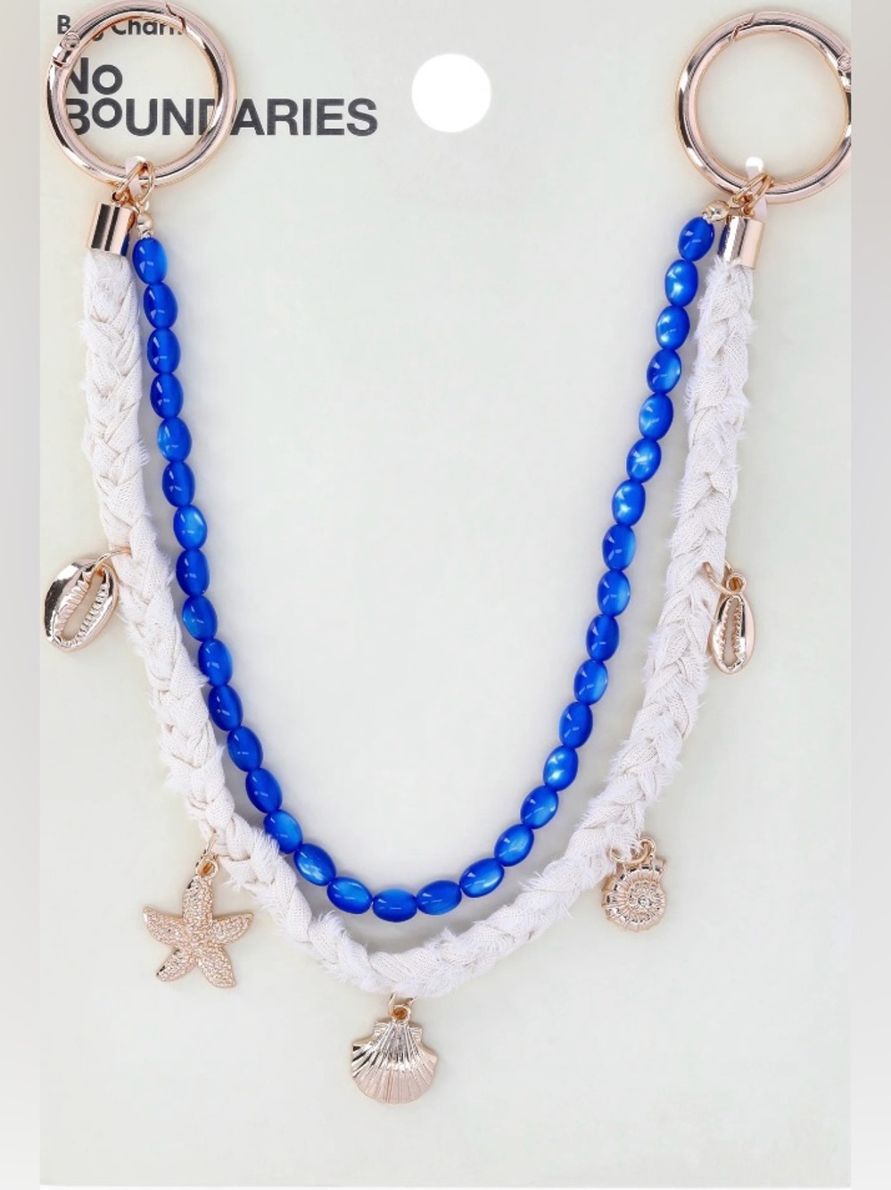 NWT Gold Bag Charm Necklace with Blue Beads and White Braid